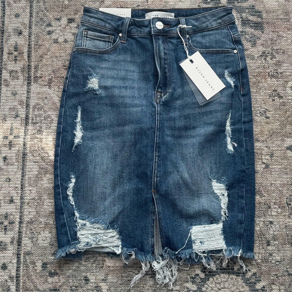 NWT! Risen Distressed Denim Mini Skirt
